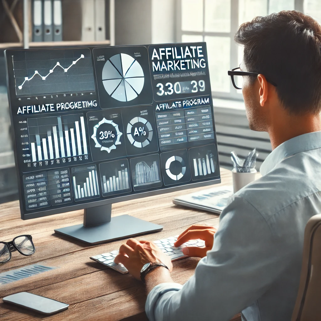 DALL·E 2025-02-23 23.17.35 - An image showcasing an affiliate marketing professional working at a computer, with affiliate program dashboards and charts visible on the screen. The