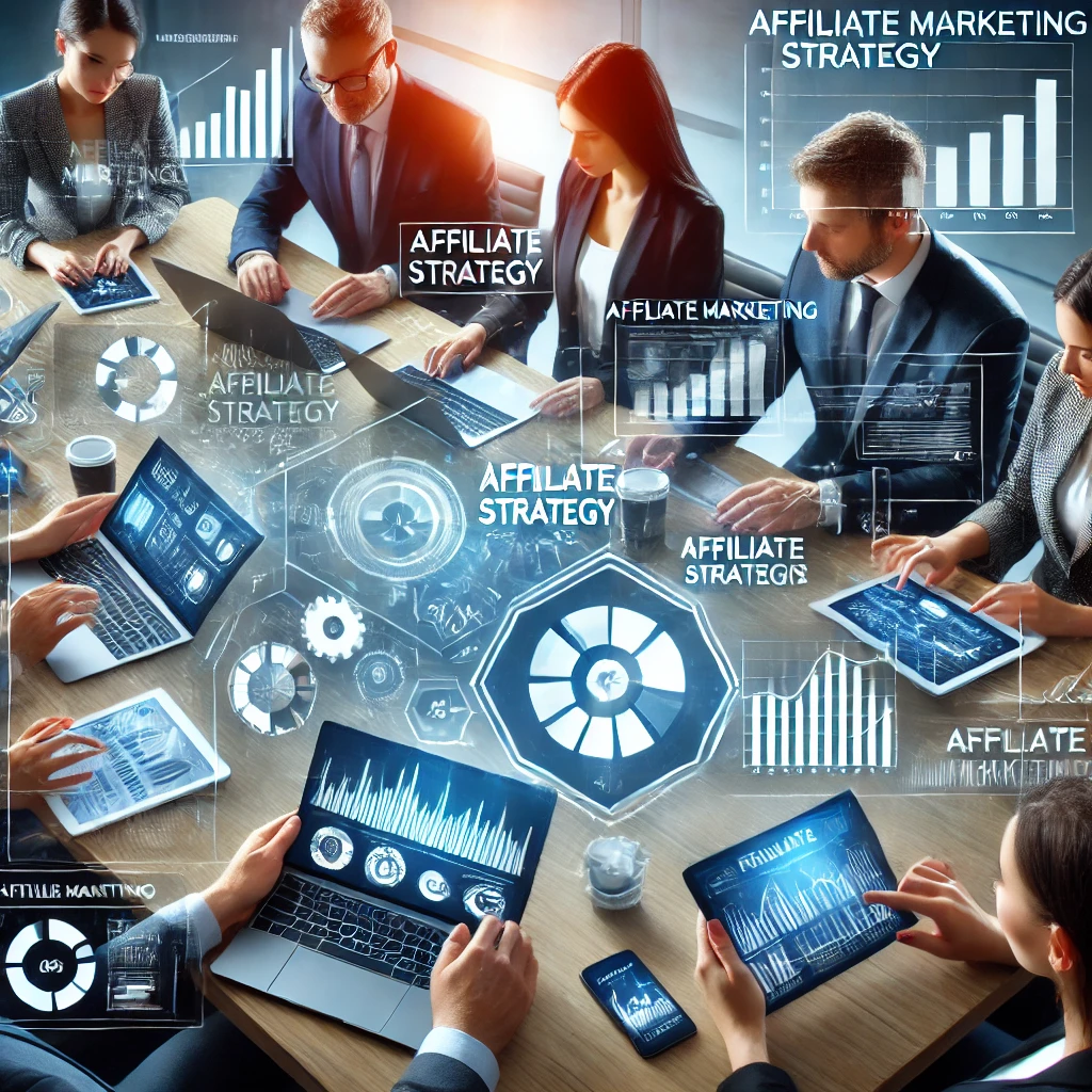 DALL·E 2025-02-23 23.19.19 - A modern and dynamic image of an affiliate marketing strategy meeting, with a group of professionals discussing and analyzing affiliate marketing plan