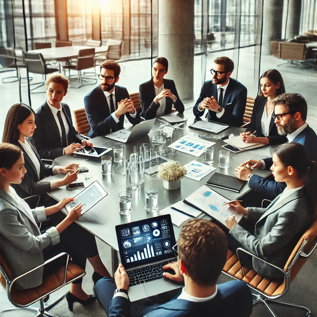 DALL·E 2025-02-23 23.34.27 - A business team brainstorming in a modern conference room. The scene should feature a diverse group of professionals sitting around a table, discussin